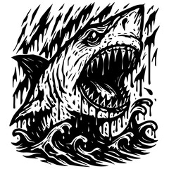Powerful Shark Predator Black and White Vector Illustration