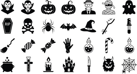 Black Halloween Icons Vampire Pumpkin Skull Ghost Witch Hat Candy Cauldron white