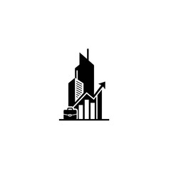 Obraz premium Black and white icon representing business growth, finance, and corporate success with city buildings, a briefcase, and an upward trend chart.