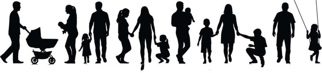 Family silhouette, parenting moments, child interaction, stroller, swing, bonding, black vector, minimalist design, caregiver roles, emotional connection, growth stages