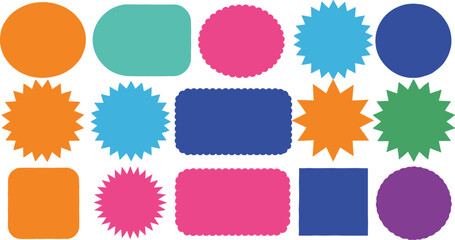 Collection of colorful graphic shapes and frames on white background circle starburst