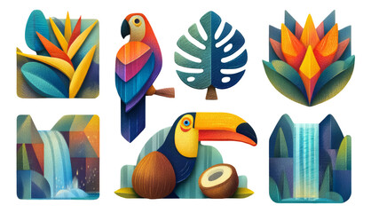 Fototapeta premium Colorful Jungle Illustrations Featuring Tropical Elements and Nature Craft Designs