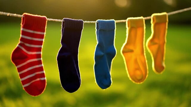 Colorful socks hanging on a clothesline, drying in bright summer sunlight