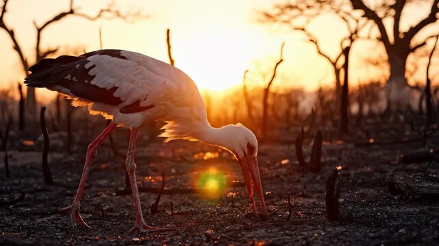 A graceful stork searches for food in the charred landscape during sunset, highlighting the bird's delicate features and vibrant colors. The stork's presence contrasts with the bur