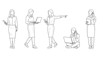 Obraz premium Collection of Line Art Illustrations Depicting Women Engaged in Various Activities with Laptops, Phones, and Tablets