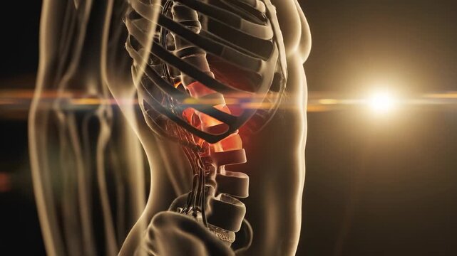 An illuminated human figure showcases a detailed structure of bones and spine, highlighting key anatomical features. The figure's bones and spine appear against a soft, glowing bac
