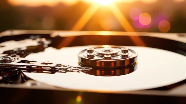 A shiny hard drive glistens in the sunlight, with intricate components visibly detailed across its surface. The hard drive reflects the warm glow, showcasing technology and design.
