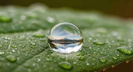 A crystal clear water droplet on a green leaf reflects a majestic mountain landscape.