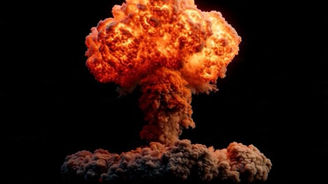 A vibrant, fiery explosion erupts against a stark black background, showcasing intricate cloud formations and intense colors. This visual drama captivates
