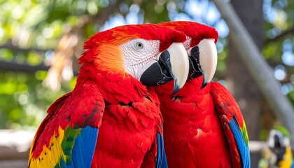 Two scarlet macaws close together