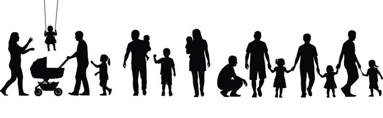 Parenting silhouette, adult with child, family bonding, baby care, stroller walk, swing push, emotional connection, nurturing moments, black vector illustration