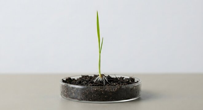 Young plant with visible roots growing in a petri dish filled with soil.