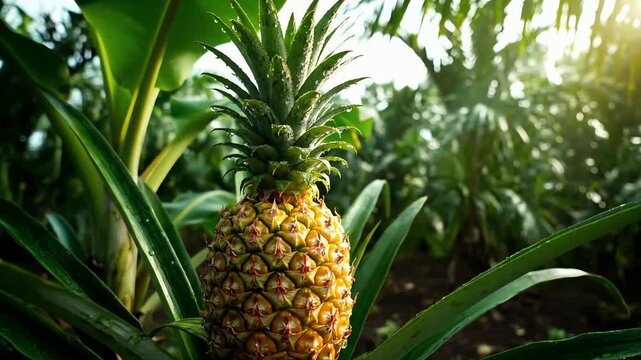 A fresh pineapple growing on a plant in a lush tropical farm with morning sunlight