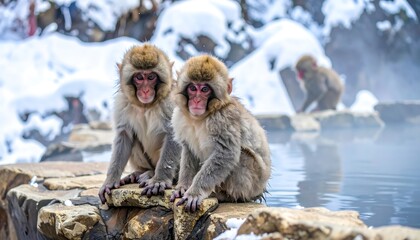 Two Japanese macaques in a snowy hot spring (1)