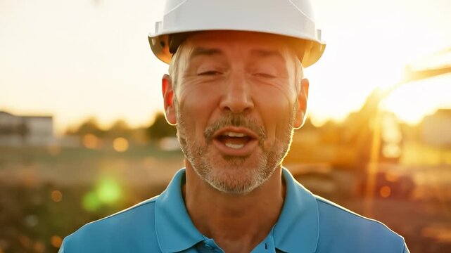 A construction worker stands confidently in a safety helmet at a construction site during sunset, highlighting the importance of safety. The worker's helmet and attire reflect prof