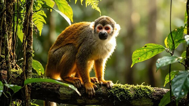 Curious Squirrel Monkey Perched on Mossy Branch in Lush Sun-Dappled Rainforest