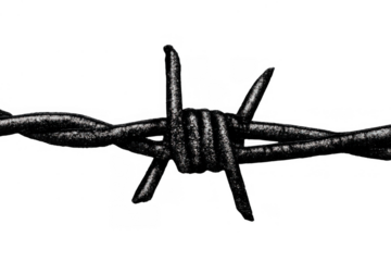 Barbed wire detail showing sharp spikes creating a boundary, concept of security, restriction, and danger on transparency