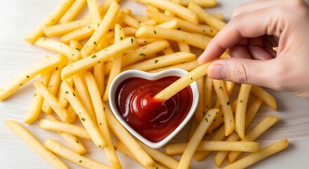 Hand dipping french fry into heart shaped bowl of ketchup on white table
