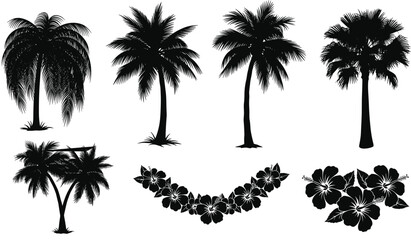 tropical, silhouette, palm tree, hibiscus, flower, beach, summer, island, nature, black, vector, illustration, exotic, floral, vacation, paradise, design, decoration, graphic, elements