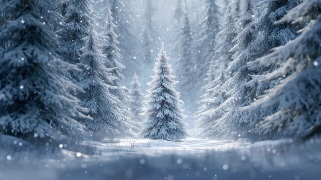 Lonely tree in snowy forest. Snow is falling from the sky.