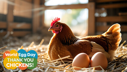 Brown Hen Resting in Straw with Eggs for World Egg Day Celebration