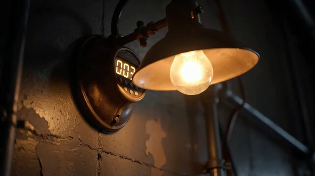 Industrial Style Vintage Wall Sconce With Illuminated Digital Timer And Glowing Edison Bulb