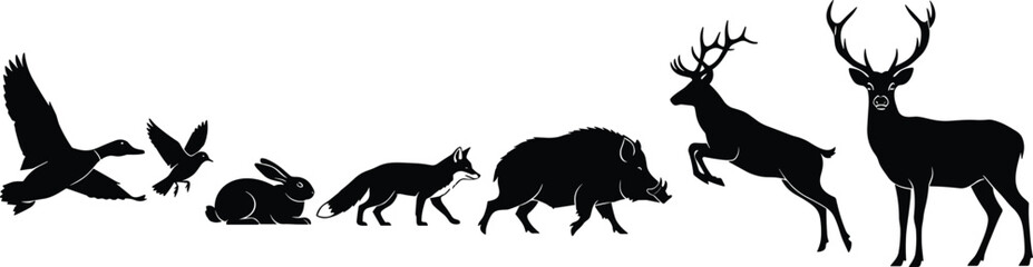 Wild animal silhouette, forest fauna, flying bird, rabbit, fox, boar, deer leap, antlers, vector illustration, black wildlife graphic