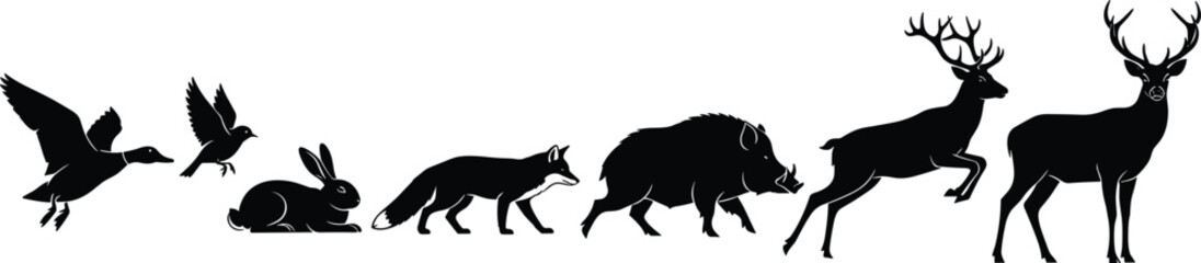 Wild animal silhouette, forest wildlife, flying birds, rabbit, fox, boar, deer, stag, nature vector, black graphic, biodiversity illustration