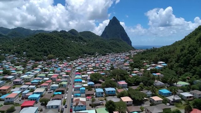 Aerial View of a Caribbean Town with Iconic Pitons in the Background.