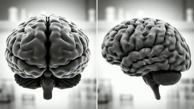 Detailed 3D Rendering of Human Brain from Front and Side Views in Black and White