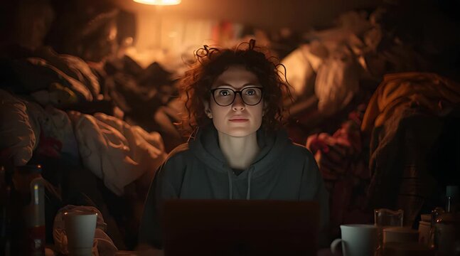 Young woman with glasses working on laptop in extremely messy cluttered room at night