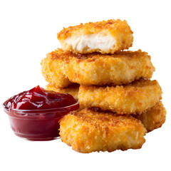 Crispy chicken nuggets stacked with ketchup dip isolated on white background