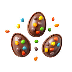 Three chocolate easter eggs decorated with colorful candy pieces on a white background