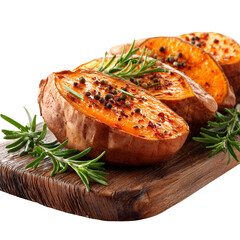 Roasted sweet potato wedges with rosemary and spices on a wooden board