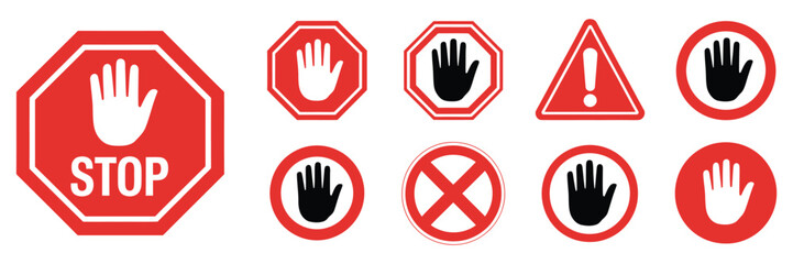 Obraz premium Alert red stop sign icon set, featuring hand and stop sign symbols, warning, attention, prohibition, and danger vector illustrations