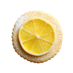 Round sugar cookie topped with a fresh lemon slice