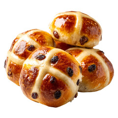 Pile of freshly baked hot cross buns with raisins on a white background