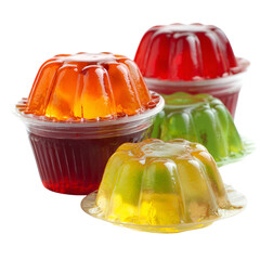 Assortment of colorful fruit gelatin desserts in clear plastic cups