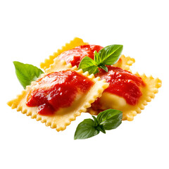 Delicious square ravioli pasta topped with red tomato sauce and fresh basil leaves