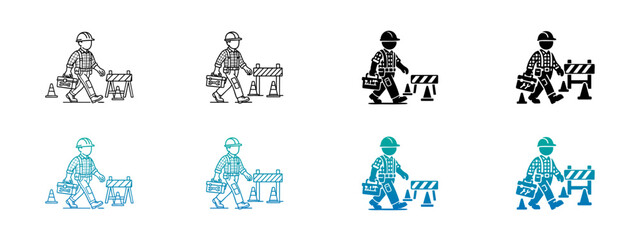 Construction Worker with Toolbox and Barrier Icon Set