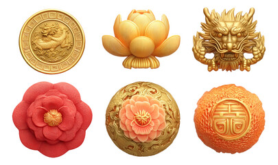 Six Distinct 3D Rendered Objects Featuring Golden Dragon and Floral Designs