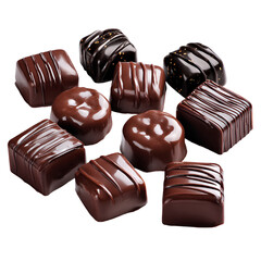 Assortment of rich dark chocolate candies on a white background
