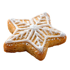 Decorated star shaped cookie with white icing on white background