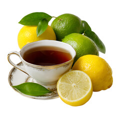 Cup of hot tea with fresh lemons and limes on a white background