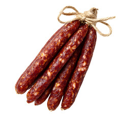 Bunch of small spicy cured sausages tied with twine on white background