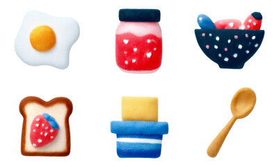 Colorful Fabric Icons of Breakfast Items Including Fried Egg and Toast Isolated