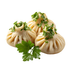 Three delicious khinkali dumplings topped with fresh herbs on a white background