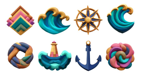 Colorful Marine Theme Elements with Waves, Anchor, Ship Wheel, and Lighthouse Design