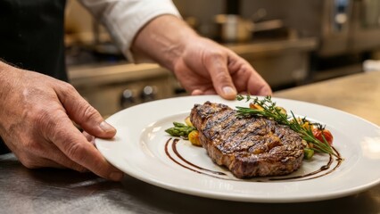Chef presenting a perfectly cooked steak with vegetables and garnish.