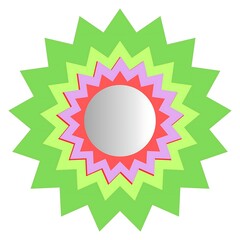 Vibrant abstract starburst design with concentric jagged layers and silver center